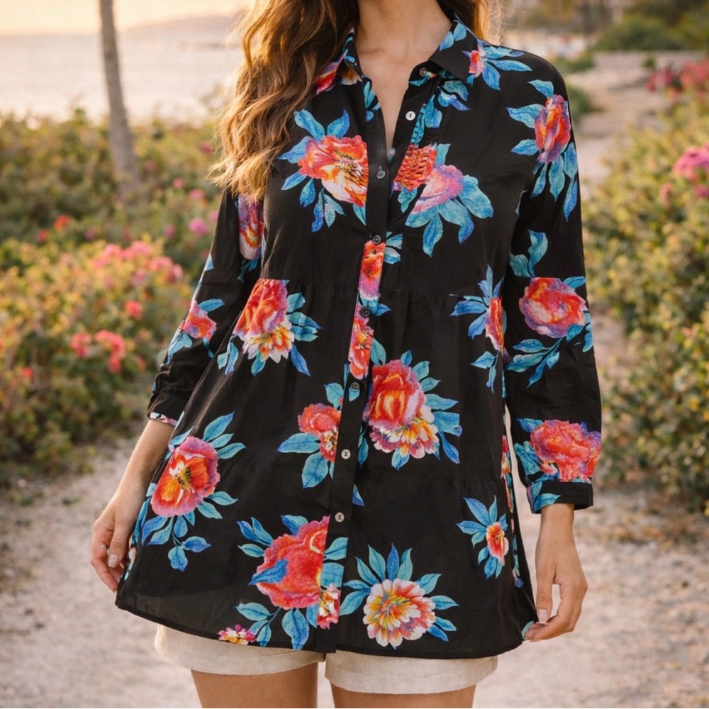 Maeve Anthropologie Floral Blouse Top Black Rayon Size 6 Vacay Boho Beach